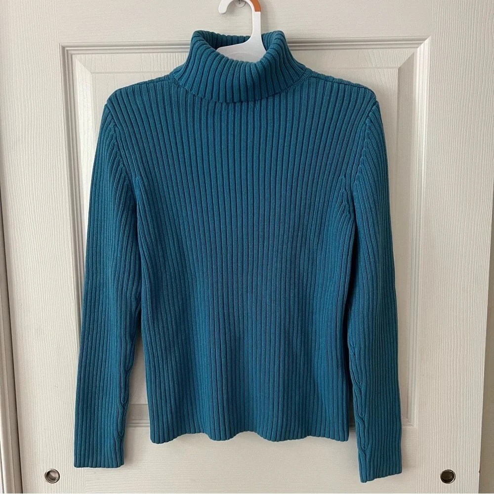 Karen Scott Sport Cotton Teal Ribbed Turtle Smock Neck Sweater Long Sleeve Small - Picture 1 of 10